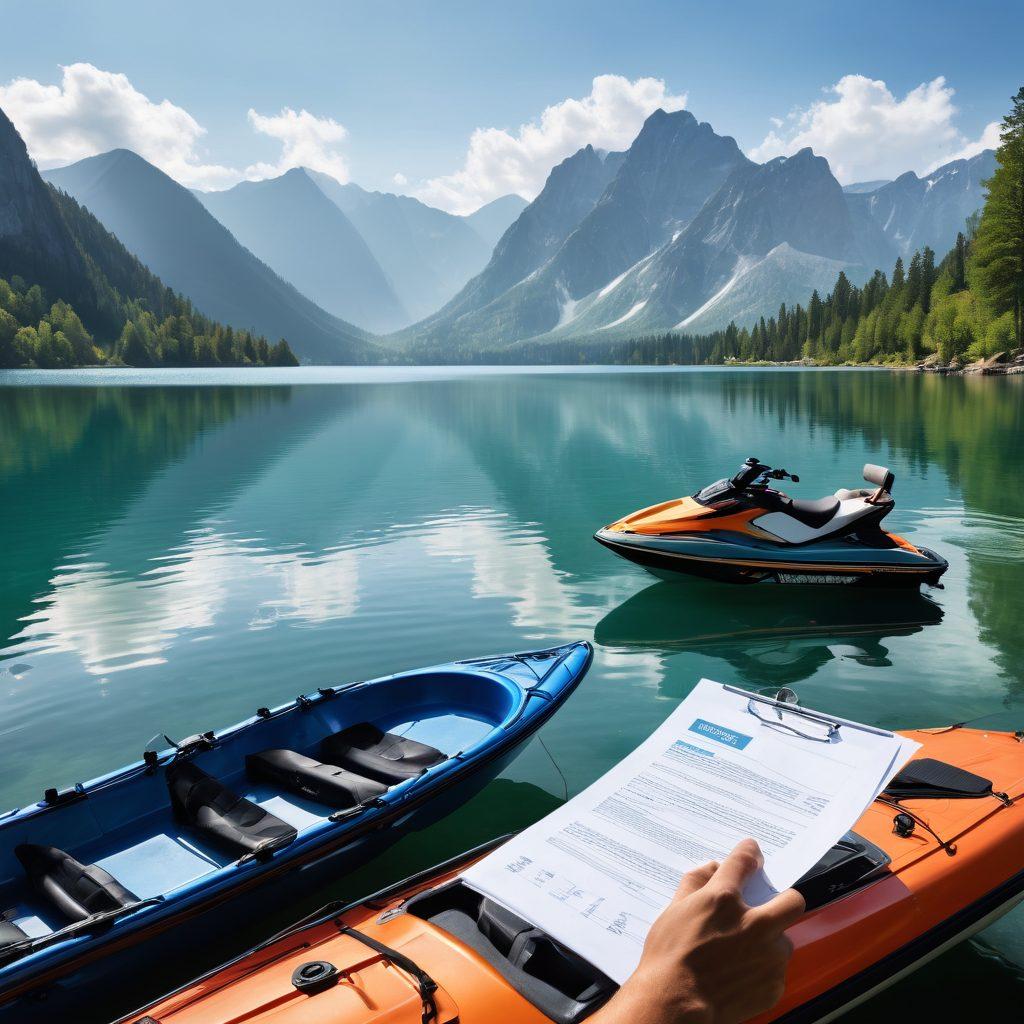 A visually striking scene showcasing various watercrafts, including boats and jet skis, on a serene lake with a backdrop of mountains. In the foreground, a person is looking at an insurance policy document, symbolizing the complexities of watercraft insurance. The sky is partly cloudy, and the water reflects the surroundings. Add subtle icons representing liability and coverage floating above the watercrafts. vibrant colors. super-realistic.