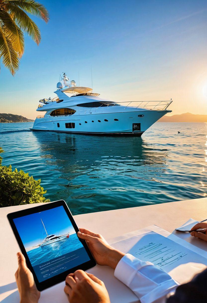 A serene coastal scene with a luxurious yacht anchored in calm waters, surrounded by protective barriers symbolizing marine insurance. Include a confident sailor reviewing tailored insurance plans on a tablet, while dolphins play nearby. Sunlight casts a warm glow, enhancing the sense of security and peace. The scene should feel inviting yet professional. super-realistic. vibrant colors. clear blue sky.