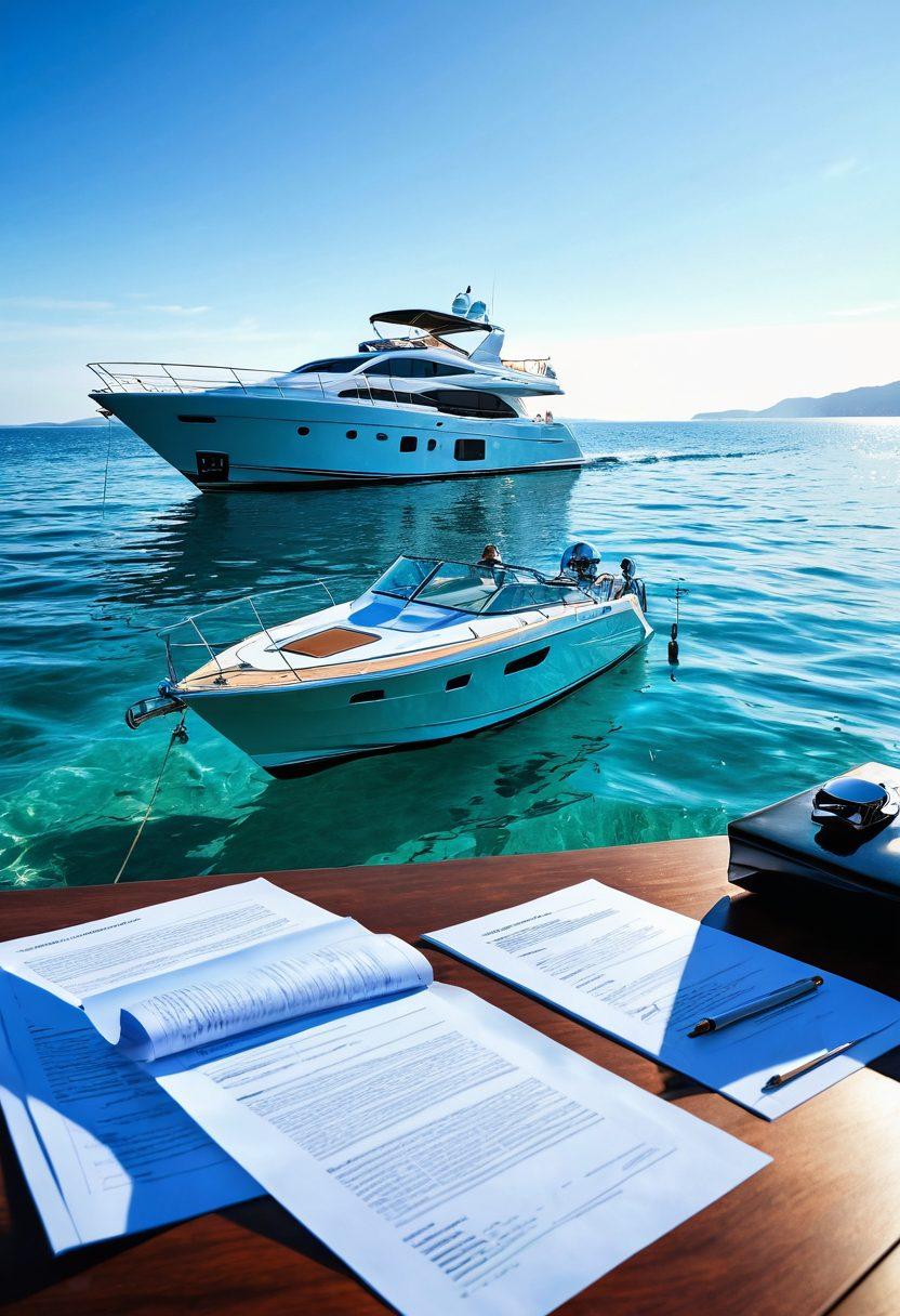 A serene seaside scene featuring various types of yachts anchored in crystal-clear waters, with a professional insurance agent discussing coverage options with a satisfied watercraft owner on a yacht. Include a sunlit horizon, gentle waves, and a subtle representation of financial documents like a policy paper on a table. The atmosphere should exude trust and adventure. super-realistic. vibrant colors. blue skies.